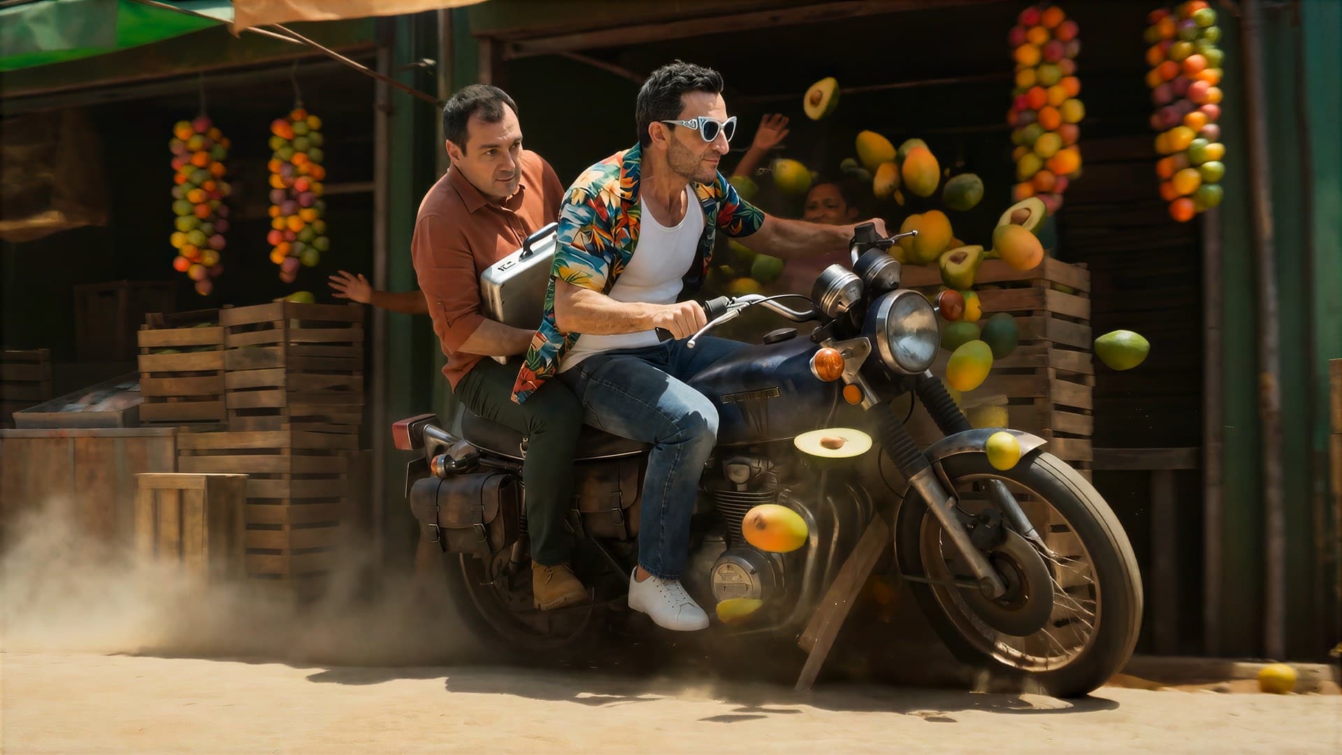 A courier on a motorcycle tearing through a market stall